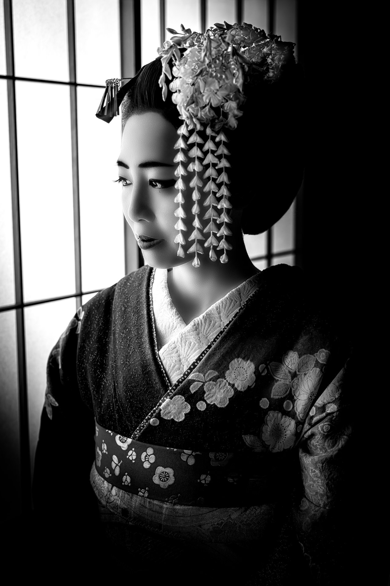 Black and white portrait in geisha styling with shoji screen